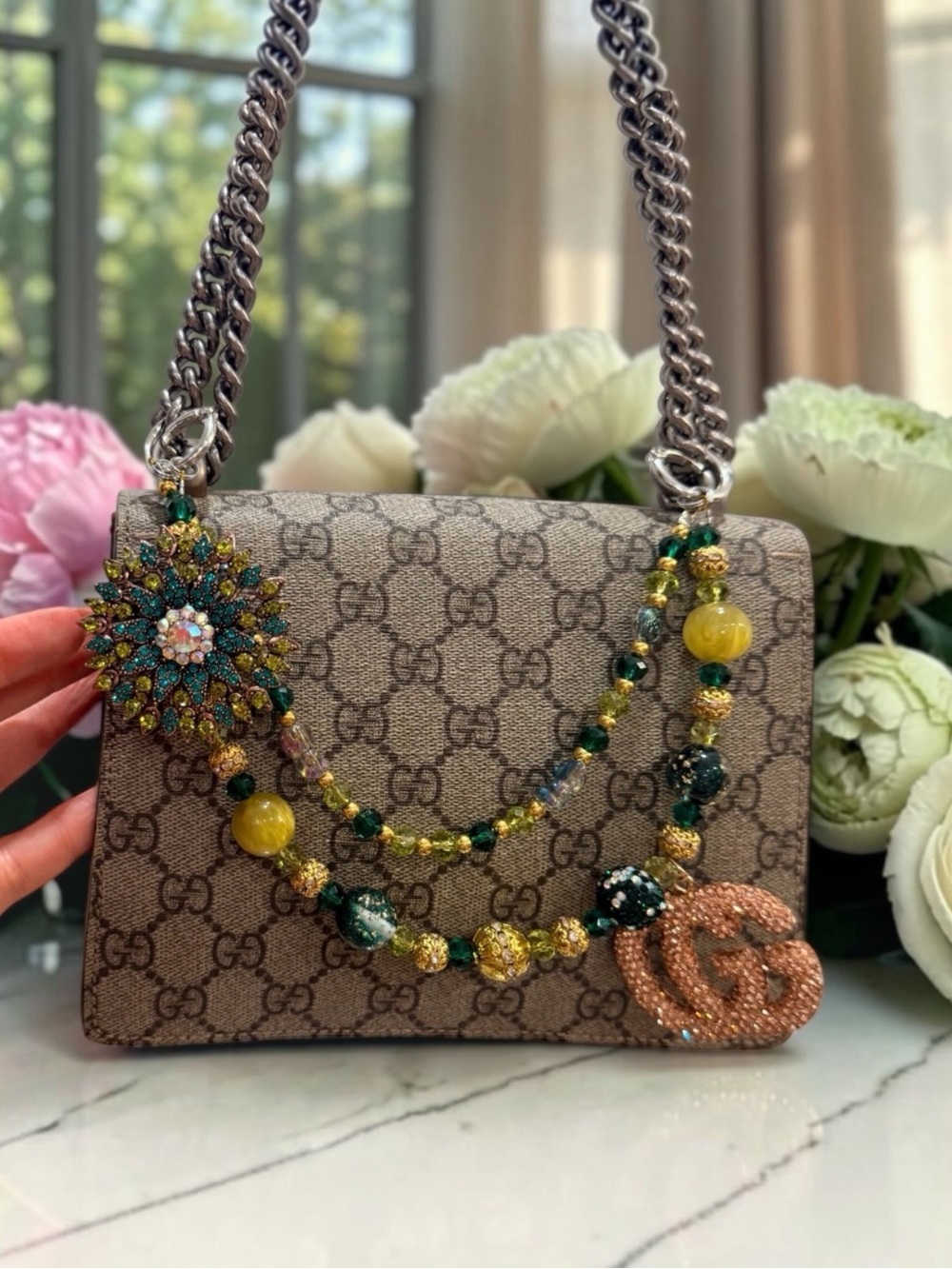 Emerald Green Jeweled Layered Bag Charm Chain + Logo - NEW
